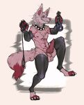  anthro canid canine collar dominant dominant_male erection goldendoqqs hologram hologram_head knot latex latex_armwear latex_legwear leash male mammal muzzle_(object) nude presenting spiked_collar spikes 