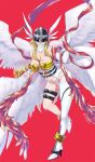  1girl angel angel_wings angewomon armor blonde_hair breastplate breasts clothing_cutout covered_eyes digimon digimon_(creature) helmet helmet_over_eyes highres kira_(kira_dra) large_breasts looking_at_viewer navel_cutout red_background simple_background smile solo winged_helmet wings 