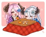  2girls braid granblue_fantasy hair_ornament hair_over_one_eye horns izmir long_hair multiple_girls narmaya_(granblue_fantasy) open_mouth pink_hair pointy_ears smile suamachi white_hair 