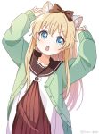  1girl :o animal_ear_fluff animal_ears arms_up blonde_hair blue_eyes blush bow brown_bow brown_sailor_collar cat_ears collarbone commentary_request dress green_jacket hair_bow highres jacket long_hair long_sleeves looking_at_viewer nanamori_school_uniform nnn_yryr open_clothes open_jacket open_mouth pleated_dress red_dress sailor_collar sailor_dress school_uniform shirt simple_background solo toshinou_kyouko white_background white_shirt yuru_yuri 