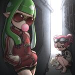  2girls :3 against_wall alley barefoot black_shirt black_shorts bubble_blowing cat chewing_gum fingernails goggles goggles_on_head grey_hair hands_in_pockets inkling inkling_girl jacket li&#039;l_judd_(splatoon) long_hair long_sleeves looking_at_viewer luebi multiple_girls pink_hair pointy_ears red_eyes red_jacket shirt short_shorts short_twintails shorts splatoon_(series) splatoon_2 squatting sunglasses tentacle_hair twintails white_shirt 
