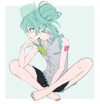  1girl alternate_hairstyle aqua_eyes aqua_hair aqua_nails bare_shoulders barefoot between_legs black_skirt border commentary_request crossed_legs double_bun eiku expressionless full_body grey_background grey_shirt hair_bun hand_between_legs hand_up hatsune_miku highres holding_popsicle looking_to_the_side medium_hair melting miniskirt no_neckwear number_tattoo parted_lips popped_collar shirt shoulder_tattoo simple_background sitting skirt sleeveless sleeveless_shirt solo tattoo vocaloid white_border 