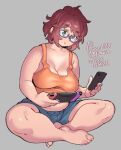  1girl agawa_ryou breasts brown_hair cellphone cleavage commentary controller dated english_commentary full_body game_controller glasses handheld_game_console holding holding_controller holding_game_controller holding_handheld_game_console holding_phone indian_style large_breasts midriff nintendo_switch original phone plump semi-rimless_eyewear shorts signature simple_background sitting smartphone solo tank_top under-rim_eyewear 