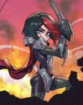  1girl arm_behind_back armor black_bodysuit black_hair bodysuit cape explosion fiora_(league_of_legends) fire green_eyes holding holding_weapon league_of_legends multicolored_hair phantom_ix_row red_cape red_hair short_hair shoulder_plates solo two-tone_hair weapon 