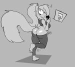  2022 absurd_res american_red_squirrel anthro biped bottomwear breasts butt butt_cleavage buxy clothed clothing digital_drawing_(artwork) digital_media_(artwork) female fluffy fur hair hi_res izzy_(buxy) mammal pine_squirrel question_mark rodent sciurid simple_background solo speech_bubble spoken_question_mark standing tail topwear tree_squirrel 