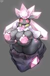  2023 absurd_res anthro artist_name big_breasts bikini blush bodily_fluids breasts clothing deep_skin diancie female flying_sweatdrops full-length_portrait gem generation_6_pokemon glistening glistening_body grey_background grey_body grey_skin hair hi_res huge_breasts legendary_pokemon long_sleeves nervous nintendo pink_bikini pink_clothing pink_eyes pink_gem pink_hair pink_swimwear pokemon pokemon_(species) portrait pseudo_hair red_sclera rock simple_background skindentation solo standing sweat sweatdrop swimwear wide_hips wide_sleeves yboon 