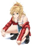  1girl ankle_boots belt belt_boots belt_buckle black_belt black_footwear blonde_hair boots bracelet breasts buckle closed_mouth commentary_request denim denim_shorts fate/apocrypha fate_(series) green_eyes hakase_yurisuki jacket jewelry long_sleeves looking_at_viewer medium_breasts mordred_(fate) mordred_(fate/apocrypha) necklace open_clothes open_jacket ponytail red_jacket red_scrunchie scrunchie shadow short_shorts shorts simple_background smile solo squatting tank_top white_background white_tank_top 