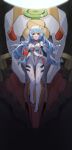  1girl absurdres ayanami_rei blue_hair bodysuit breasts commentary_request eva_(metal_gear) full_body highres interface_headset long_hair looking_at_viewer looking_down medium_breasts neon_genesis_evangelion open_mouth plugsuit red_eyes sentter solo white_bodysuit 