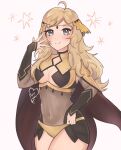  1girl ahoge artist_name black_cape blonde_hair bodystocking breasts cape cleavage english_commentary fire_emblem fire_emblem_fates hand_over_face highres long_hair looking_at_viewer medium_breasts open_hand ophelia_(fire_emblem) purple_eyes purrlucii smile solo white_background 