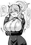  1girl ako_(blue_archive) areola_slip arm_under_breasts bell blue_archive blush breasts collar commentary_request cowbell gloves hairband halo highres kanno_takanori large_breasts medium_hair monochrome sideboob solo sweat translation_request 