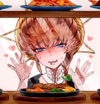  1girl absurdres against_glass blue_eyes blush braid brown_hair display_case drooling fangs fate/grand_order fate_(series) food hands_up heart highres looking_at_viewer open_mouth orange_headwear pasta plate shimogamo_(shimomo_12) shrimp shrimp_tempura side_braid simple_background solo spaghetti steak teeth tempura upper_body upper_teeth_only van_gogh_(fate) white_background 