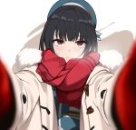  1girl absurdres black_hair endou_(zettai_bluenoid) fur-trimmed_hood fur_trim gloves highres hood kantai_collection looking_at_viewer red_eyes red_gloves red_scarf scarf solo takao_(kancolle) winter_clothes 