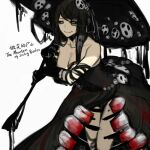  1girl bare_shoulders belt black_belt black_dress black_hair black_sclera breasts closed_eyes closed_mouth collarbone colored_sclera dress extra_teeth fascinator holding holding_umbrella large_breasts lobotomy_corporation long_hair looking_at_viewer mountain_of_smiling_bodies nishikujic personification project_moon simple_background smile solo strapless strapless_dress umbrella very_long_hair white_background white_eyes 