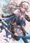  1girl bare_shoulders barefoot black_choker black_gloves black_hairband black_thighhighs blush breasts cherry_blossoms choker cleavage collarbone commentary corrin_(female)_(fire_emblem) corrin_(female)_(ninja)_(fire_emblem) corrin_(fire_emblem) elbow_gloves english_commentary fingerless_gloves fire_emblem fire_emblem_fates fire_emblem_heroes fishnets floating_hair flower gloves grey_hair grey_kimono grin hairband highres japanese_clothes katana kimono kuji-in lips long_hair looking_at_viewer medium_breasts ninja official_alternate_costume pelvic_curtain petals pink_flower pink_lips red_eyes scroll scroll_tube short_kimono sleeveless sleeveless_kimono smile snow20200 solo sword thighhighs toes twitter_username weapon 