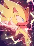  animal_ears artist_name blue_eyes gloves hand_up hedgehog hedgehog_ears hedgehog_tail highres lightning looking_to_the_side machimo129 no_mouth solo sonic_(series) sonic_the_hedgehog super_sonic tail white_gloves yellow_fur 