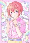  1boy absurdres belt character_name crumbs cupcake ensemble_stars! food happypuppy_guu heart highres holding holding_food long_hair male_focus multicolored_background pants pink_background pink_shirt purple_belt purple_eyes rainbow red_hair shirt short_hair short_sleeves solo star_(symbol) stuffed_animal stuffed_toy suou_tsukasa teddy_bear white_background yellow_pants 
