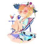  1boy ash_lynx banana_fish beach_chair blonde_hair blue_shirt blue_swim_trunks book bracelet chibi closed_mouth cocktail cooler earrings facial_mark flower_in_hat full_body green_eyes hat heart heart_tattoo highres holding holding_book jewelry looking_at_viewer male_focus necklace open_clothes open_shirt red-framed_eyewear sand sandals shell shell_necklace shirt short_hair shovel sitting solo sun_hat sunglasses tattoo vidave1 