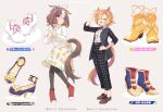  2girls ahoge animal_ears arm_up black_pants black_pantyhose blush boots breasts brown_footwear brown_hair clenched_hands closed_eyes collared_shirt ear_piercing ears_down floral_print full_body hairband hand_on_own_hip high_heel_boots high_heels high_tops hihiqhi horse_ears horse_girl horse_tail jacket large_breasts long_sleeves medium_hair meisho_doto_(umamusume) multicolored_hair multiple_girls multiple_views open_clothes open_jacket open_mouth oxfords pants pantyhose piercing purple_eyes purple_footwear red_footwear shirt shirt_tucked_in shoes short_hair skirt small_breasts smile sneakers standing streaked_hair sweater t.m._opera_o_(umamusume) tail translation_request umamusume white_background white_footwear white_shirt white_sweater yellow_footwear yellow_skirt 