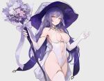  1girl bare_shoulders blue_hair blush bouquet breasts center_opening chowbie cleavage elbow_gloves gloves grin hat large_breasts leotard long_hair looking_at_viewer navel original smile solo thighhighs thighs white_gloves white_headwear white_leotard white_thighhighs witch witch_hat 