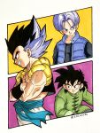  3boys a24wks black_eyes black_hair blue_vest chinese_clothes commentary_request crossed_arms dragon_ball dragon_ball_super dragon_ball_super_super_hero gotenks grin highres male_focus marker_(medium) metamoran_vest multicolored_hair multiple_boys muscular muscular_male purple_eyes purple_hair signature smile son_goten traditional_media trunks_(dragon_ball) two-tone_hair vest 