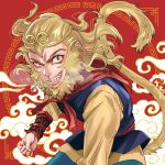  1boy absurdres blonde_hair chinese_border chinese_clothes circlet clenched_hand facial_hair fangs flying_nimbus heavy_breathing highres journey_to_the_west long_hair long_sleeves male_focus meguzm red_background red_eyes sideburns smirk solo sun_wukong tail teeth 
