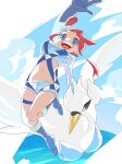  1girl :d absurdres arm_up artist_name bird blue_eyes blue_footwear blue_gloves blue_shorts blue_sky boots breasts cloud elbow_gloves gloves hair_bun highres knee_boots long_hair looking_at_viewer medium_breasts open_mouth pokemon pokemon_(creature) pokemon_(game) pokemon_bw red_hair short_shorts shorts single_side_bun sky skyla_(pokemon) smile solo swan swanna teeth thigh_strap thighs upper_teeth_only zetsuyo_chimayo 