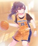  1girl absurdres asahina_mafuyu ball basketball basketball_(object) basketball_jersey basketball_uniform black_shirt blurry blurry_background collarbone depth_of_field hair_between_eyes highres indoors long_hair looking_to_the_side orange_shorts parted_lips project_sekai purple_eyes purple_hair shirt short_sleeves shorts solo sorimachi-doufu sportswear standing sweat 