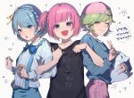  3girls :o amano_yae backwards_hat baseball_cap black_shirt blue_bow blue_bowtie blue_eyes blue_hair blue_shirt blush bow bowtie braid closed_mouth collarbone collared_shirt commentary_request congratulations copyright_name cowboy_shot crown_braid dosukoi!_(napoli_no_otokotachi) dress_shirt flipped_hair green_eyes green_hair grey_shirt hair_ornament hair_ribbon hairclip hat highres holding holding_stuffed_toy locked_arms long_sleeves looking_at_viewer maso_(siranai_ojisan_) multiple_girls napoli_no_otokotachi one_eye_closed one_side_up open_mouth pants pink_hair pink_headwear print_shirt purple_eyes purple_pants raised_eyebrows ribbed_shirt ribbon shirt shirt_tucked_in short_hair short_sleeves shuujou_mana simple_background sleeve_cuffs smile star_(symbol) starry_background stuffed_toy suspenders text_print translation_request urisaki_ran w white_background yellow_ribbon 