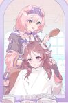  2girls :d animal_ears arknights black_cape blue_bow blue_hairband book bow braid brown_eyes brown_hair brushing_hair cape cat_ears cup eyjafjalla_(arknights) goldenglow_(arknights) hair_between_eyes hair_bow hair_brush hair_ornament hair_over_shoulder hair_salon hairband hairclip hand_up highres holding horns indoors jacket lightning_bolt_print long_hair long_sleeves looking_at_mirror mirror mug multiple_girls open_clothes open_jacket open_mouth orange_eyes oxy_(ho2) parted_bangs parted_lips pink_hair pink_jacket print_hairband puffy_long_sleeves puffy_sleeves red_eyes reflection sheep_ears sheep_girl sheep_horns shirt single_braid smile white_shirt 