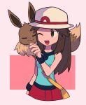  1girl ;d bag black_wristband brown_eyes brown_hair commentary eevee eyelashes green_shirt hair_flaps hand_up happy hat highres leaf_(pokemon) long_hair on_shoulder one_eye_closed open_mouth pleated_skirt pokemon pokemon_(creature) pokemon_(game) pokemon_frlg pokemon_on_shoulder red_skirt shirt shoulder_bag sidelocks skirt sleeveless sleeveless_shirt smile symbol-only_commentary tongue tyako_089 vs_seeker white_headwear yellow_bag 