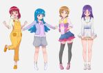  4girls :d aino_megumi aino_megumi_(cosplay) black_thighhighs blue_eyes blue_hair blue_skirt brown_hair closed_mouth cosplay costume_switch dress embarrassed full_body grey_shorts happinesscharge_precure! heart heart_print highres hikawa_iona hikawa_iona_(cosplay) jwetefmgyvhlxqn layered_dress layered_skirt long_hair long_sleeves looking_at_viewer looking_down miniskirt multiple_girls oomori_yuuko oomori_yuuko_(cosplay) open_mouth pink_shirt ponytail precure print_shirt purple_eyes purple_hair red_eyes red_hair red_skirt shirayuki_hime shirayuki_hime_(cosplay) shirt short_dress short_hair shorts simple_background skirt smile standing standing_on_one_leg straight_hair thighhighs white_background white_dress white_footwear yellow_dress yellow_eyes zettai_ryouiki 