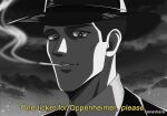  1boy artist_name barbenheimer_(meme) barbie_(franchise) barbie_(live_action) cigarette cloud cloudy_sky formal greyscale hanavbara hat julius_robert_oppenheimer male_focus meme monochrome necktie oppenheimer_(movie) sky smoking solo 