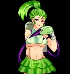  1girl bare_shoulders black_background breasts fang green_hair green_skirt high_ponytail highres looking_at_viewer midriff miniskirt navel personification plants_vs_zombies poison pokra_(plants_vs_zombies) ponytail purple_eyes royaluyenruby skirt smile solo sweater tongue turtleneck 