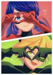  1boy 1girl adrien_agreste animal_ears bell black_bodysuit black_gloves blonde_hair blue_eyes blue_hair bodysuit cat_ears chat_noir domino_mask gloves green_eyes handprint heart heart_hands highres hm89509321 ladybug_(character) marinette_dupain-cheng mask miraculous_ladybug polka_dot short_hair smile twintails 