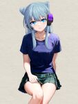  1girl animal_ear_headphones animal_ears blue_eyes blue_hair fake_animal_ears green_skirt grey_background headphones highres long_hair looking_at_viewer monster_strike neo_(monster_strike) plaid plaid_skirt pleated_skirt power_symbol-shaped_pupils purple_shirt rabbit_ear_headphones shirt short_sleeves sidelocks simple_background skirt solo t-shirt zenbrush2 