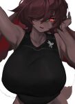  2d_(artwork) 3:4 anthro bangs big_breasts black_crop_top bottomless bottomless_anthro bottomless_female breasts brown_body brown_fur brown_hair buckteeth cleavage clothed clothing collarbone crop_top female floppy_ears fur glowing glowing_eyes hair hair_between_eyes half-length_portrait hi_res high-angle_view huge_breasts lagomorph leporid logo long_ears looking_at_viewer lop_ears mammal one_eye_obstructed playboy playboy_bunny playboy_bunny_logo portrait rabbit rabbit_girl_(woobin94) raised_arm red_eyes red_nose scut_tail shirt short_tail sleeveless_shirt small_nose solo tail teeth tight_clothing tight_topwear topwear touching_hair woobin94 