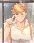  1boy blonde_hair collared_shirt granblue_fantasy green_eyes higashigunkan highres index_finger_raised large_pectorals male_focus muscular muscular_male partially_unbuttoned pectoral_cleavage pectorals shirt short_hair snowing solo suspenders upper_body vane_(granblue_fantasy) white_shirt 