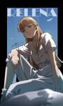  1girl bird blonde_hair blue_sky character_name collarbone dated english_commentary english_text from_below green_eyes gundam gundam_wing long_hair looking_at_viewer relena_peacecraft serious signature sitting sky solo straight_hair werkbau 