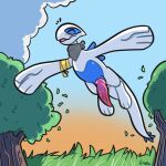  1:1 anthro bandanna bandanna_on_neck blue_body blue_skin dez_(rcar) erection eyes_closed flying generation_2_pokemon genitals hi_res kerchief legendary_pokemon lugia male nintendo open_mouth open_smile penis pokemon pokemon_(species) smile solo tapering_penis white_body white_skin xing1 