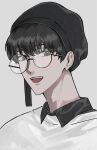  1boy black_hair black_headwear black_shirt collared_shirt fangs glasses grey_background kim_dokja light_smile looking_at_viewer male_focus omniscient_reader&#039;s_viewpoint open_mouth portrait shirt short_hair solo sweater white_sweater yjh_lawyer 