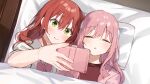  2girls ai-assisted blush bocchi_the_rock! cellphone closed_eyes closed_mouth commentary_request gotou_hitori green_eyes hair_between_eyes head_on_pillow highres holding holding_phone jacket kadohusa_ginpo kita_ikuyo long_hair multiple_girls open_mouth phone pink_hair pink_jacket red_hair selfie sidelocks sleeping smartphone smile sweatdrop under_covers wide-eyed yuri 