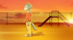  3d_(artwork) anthro beastars blue_eyes bottomwear broken canid canine canis clothed clothing cloud dark_side digital_media_(artwork) dirt evening footwear fur grey_body grey_fur ground hi_res legoshi_(beastars) light male mammal net orange_co. pants photo_background photography_(artwork) railing red_clothing shadow shoes side_view silhouette sky slide solo stage street_lamp sun walking white_body white_clothing white_footwear white_fur white_shoes wolf xdzy111 yellow_bottomwear yellow_clothing yellow_pants 