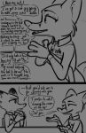  2022 anthro canid canine chair clothing comic dialogue disney duo fan_character female food fox furniture hi_res holding_food holding_object mammal michelle_densmore monochrome mrs._wilde red_fox sandwich_(food) simple_background speech_bubble table tangerine_(artist) uniform zootopia 