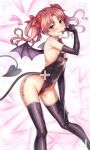  1girl :p bare_shoulders bat_wings black_gloves black_leotard black_thighhighs blush bow bowtie breasts brown_eyes demon_girl demon_tail detached_collar elbow_gloves feet_out_of_frame gloves hair_bow heart highleg highleg_leotard highres isshi_pyuma leotard light_brown_hair long_hair looking_at_viewer red_bow red_bowtie shirai_kuroko small_breasts smile solo spider_web_print tail thighhighs toaru_kagaku_no_railgun toaru_majutsu_no_index tongue tongue_out twintails wings 