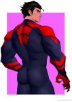  1boy absurdres akunaakun_(kunkun586586) ass back back_focus bara black_hair blue_bodysuit bodysuit cheekbones cropped_legs fangs from_behind frown hair_slicked_back highres long_sideburns looking_at_viewer looking_back male_focus marvel mature_male miguel_o&#039;hara muscular muscular_male print_bodysuit red_bodysuit red_pupils short_hair sideburns skin_tight solo spider-man:_across_the_spider-verse spider-man_(2099) spider-man_(series) thick_eyebrows thick_thighs thighs two-tone_bodysuit 