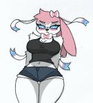  anthro big_breasts blush breasts eeveelution female generation_6_pokemon nintendo pace-maker pokemon pokemon_(species) small_waist solo sylveon thick_thighs tsundere wide_hips 