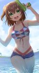  1girl :d absurdres bikini blue_shorts blue_sky blush breasts brown_hair commentary_request cowboy_shot day denim denim_shorts denonbu green_eyes hair_ornament hands_up hidaka_reina_(denonbu) highres holding holding_water_gun looking_at_viewer medium_breasts multicolored_bikini multicolored_clothes navel ocean official_alternate_costume open_mouth outdoors short_hair short_shorts shorts side_ponytail sidelighting sky smile solo standing swimsuit tsunenorip water water_drop water_gun x_hair_ornament 