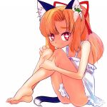  1girl animal_ear_fluff animal_ears bare_arms bare_legs bare_shoulders barefoot blonde_hair blue_tail bright_pupils cat_ears cat_girl cat_tail closed_mouth cross-shaped_pupils dress fingernails furrowed_brow futaba_channel hair_intakes hair_ornament hair_ribbon hand_on_own_knee hand_on_own_leg highres long_hair looking_at_viewer multicolored_tail nijiura_maids pink_ribbon ponytail radish red_eyes red_ribbon ribbon simple_background sitting solo symbol-shaped_pupils tail tensai_(nijiura_maids) tsukiyono_aroe turnip white_background white_dress white_pupils white_tail 