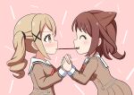  2girls absurdres bang_dream! blonde_hair brown_dress brown_eyes brown_hair closed_eyes dress food hair_ears hanasakigawa_school_uniform highres ichigaya_arisa imminent_kiss kana_(user_wyka3887) long_hair looking_at_another multiple_girls neck_ribbon pocky pocky_kiss red_ribbon ribbon sailor_collar school_uniform shirt toyama_kasumi twintails white_sailor_collar yuri 