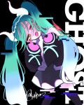  1girl bare_shoulders black_background black_skirt black_sleeves black_thighhighs blue_hair detached_legs detached_sleeves ghost_miku_(project_voltage) glitch gradient_hair grey_shirt hair_between_eyes hands_up hatsune_miku highres long_hair looking_at_viewer multicolored_hair nanitozo necktie pale_skin pokemon print_sleeves project_voltage see-through see-through_skirt shirt signature skirt sleeveless sleeveless_shirt sleeves_past_fingers sleeves_past_wrists solo standing thighhighs tongue tongue_out twintails very_long_hair vocaloid white_hair white_necktie will-o&#039;-the-wisp_(mythology) yellow_eyes 